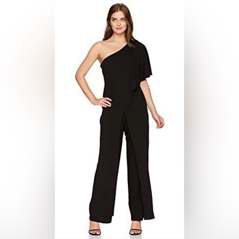Marina One Shoulder Black Formal Event Jumpsuit Size 14P Old Money Quiet Luxury